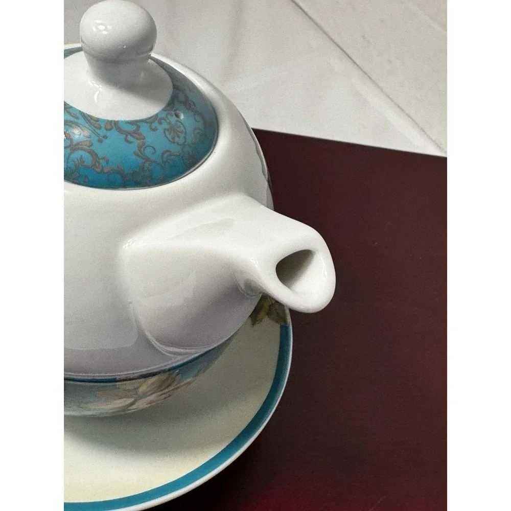 Christian Gifts teapot teacup with saucer Teal blue birds Bible Proverbs 3:5 E10